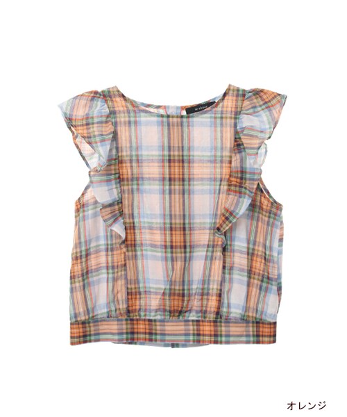 w closet（ダブルクローゼット）の「肩フリル切替チェックトップス（トップス・レディース・オレンジ/サックス/ネイビー・FREE）」の3枚目の写真