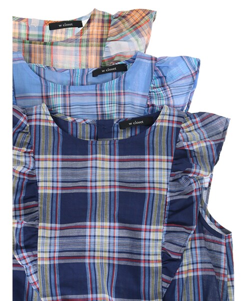 w closet（ダブルクローゼット）の「肩フリル切替チェックトップス（トップス・レディース・オレンジ/サックス/ネイビー・FREE）」の11枚目の写真