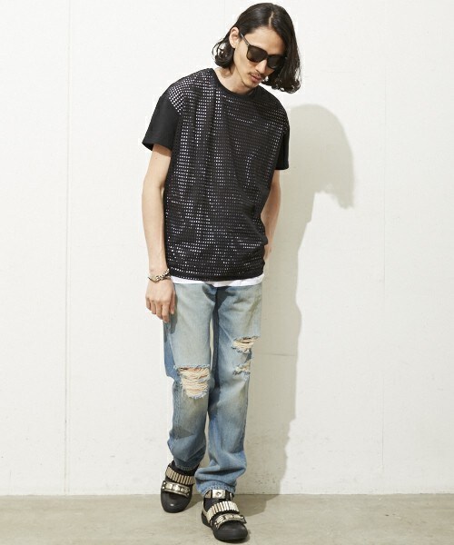 DIET BUTCHER(ダイエットブッチャー)の「DIET BUTCHER SLIM SKIN ルーズフィットメッシュ切替Tシャツ(Tシャツ/カットソー・メンズ・ブラック/ホワイト・FREE)」の4枚目の写真