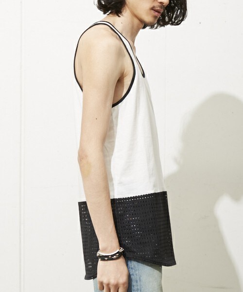 DIET BUTCHER（ダイエットブッチャー）の「DIET  BUTCHER  SLIM  SKIN 裾メッシュタンクトップ（タンクトップ・メンズ・ホワイト/ブラック・1/2）」の6枚目の写真