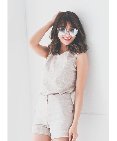 gracegift（グレースギフト）の「韓國都會優雅肩部縷空格紋套裝（その他・レディース・杏・F）」の7枚目の写真