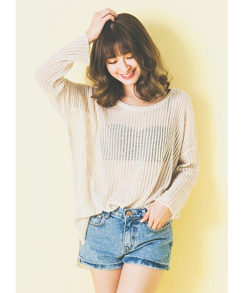 gracegift（グレースギフト）の「韓國輕夏微甜縷空針織罩衫上衣（トップス・レディース・杏/黑・F）」の5枚目の写真