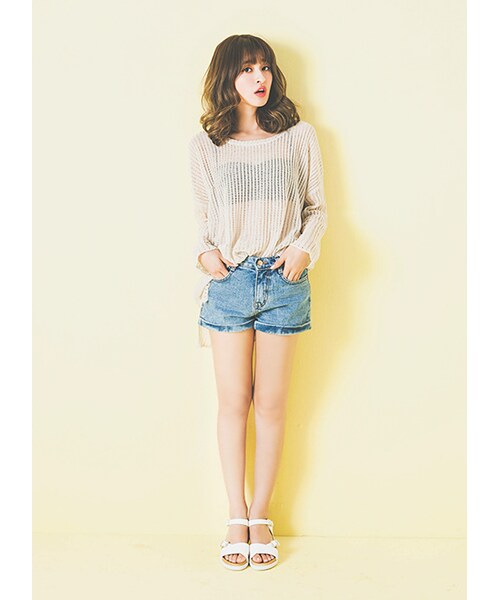 gracegift（グレースギフト）の「韓國輕夏微甜縷空針織罩衫上衣（トップス・レディース・杏/黑・F）」の7枚目の写真