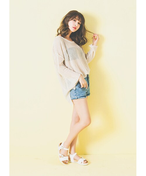 gracegift（グレースギフト）の「韓國輕夏微甜縷空針織罩衫上衣（トップス・レディース・杏/黑・F）」の6枚目の写真