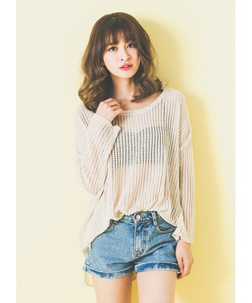 gracegift（グレースギフト）の「韓國輕夏微甜縷空針織罩衫上衣（トップス・レディース・杏/黑・F）」の4枚目の写真