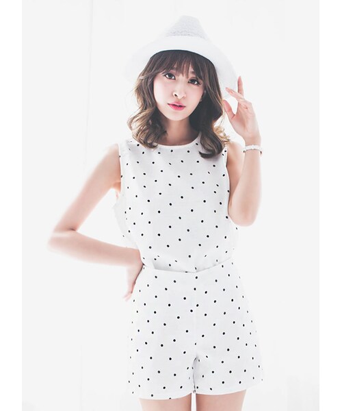 gracegift（グレースギフト）の「韓國俏甜水玉點點棉麻無袖背心（トップス・レディース・深藍/白・F）」の5枚目の写真