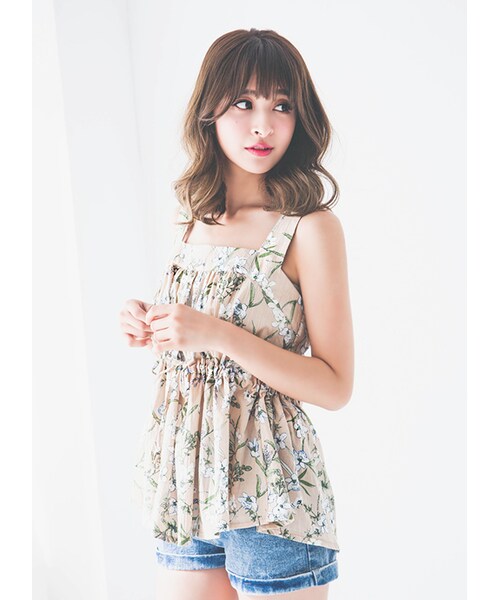 gracegift(グレースギフト)の「韓國春綻花蕾收腰綁結肩帶上衣(トップス・レディース・杏・F)」の5枚目の写真