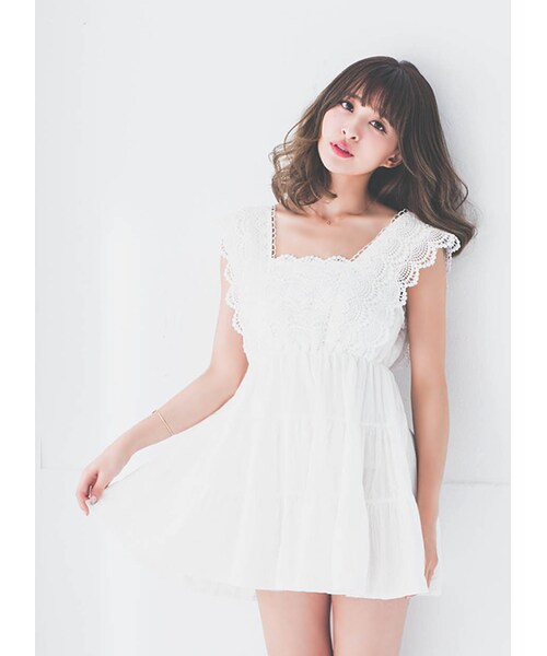 gracegift（グレースギフト）の「韓國荷葉滾邊蕾絲無袖娃娃洋裝（その他・レディース・白・F）」の6枚目の写真