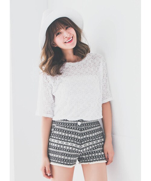 gracegift（グレースギフト）の「韓國熱情仲夏民族風印花鬚邊短褲（パンツ・レディース・藍/黑・F）」の9枚目の写真