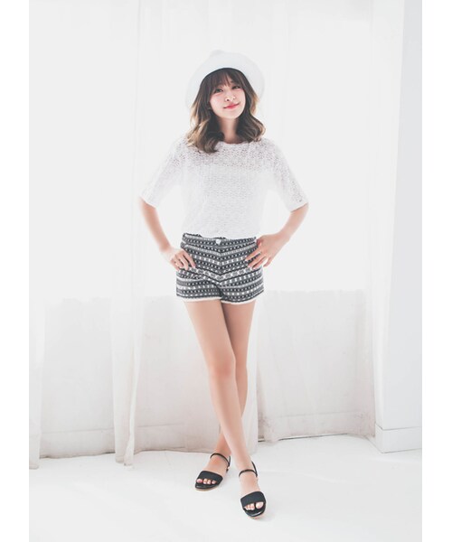 gracegift（グレースギフト）の「韓國熱情仲夏民族風印花鬚邊短褲（パンツ・レディース・藍/黑・F）」の7枚目の写真