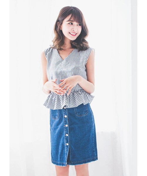 gracegift（グレースギフト）の「韓國甜美高腰排釦雙口袋牛仔裙（スカート・レディース・深藍・S/M）」の4枚目の写真