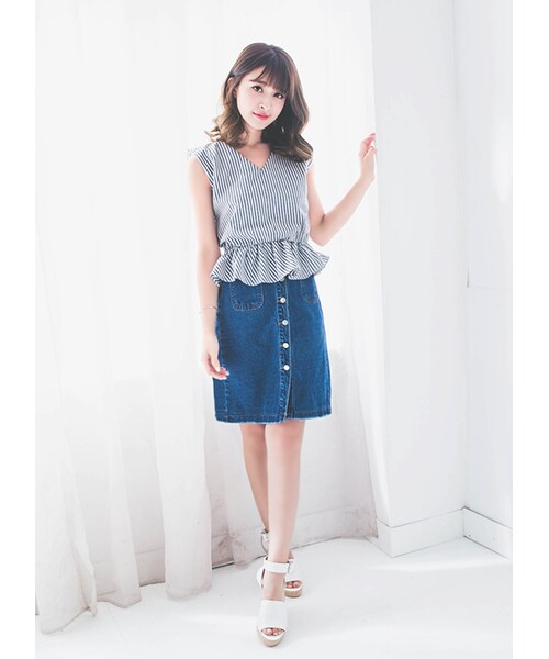 gracegift（グレースギフト）の「韓國甜美高腰排釦雙口袋牛仔裙（スカート・レディース・深藍・S/M）」の5枚目の写真