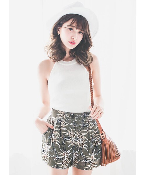 gracegift（グレースギフト）の「韓國熱帶椰樹印花雪紡短褲（パンツ・レディース・深藍/綠・F）」の7枚目の写真