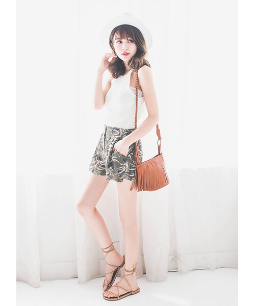 gracegift（グレースギフト）の「韓國熱帶椰樹印花雪紡短褲（パンツ・レディース・深藍/綠・F）」の8枚目の写真