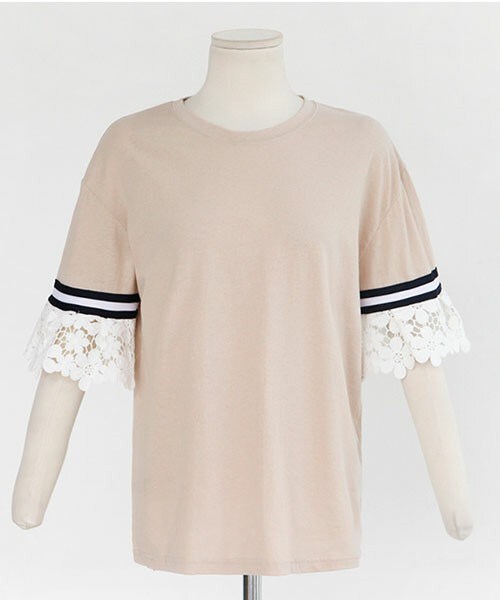 DHOLIC（ディーホリック）の「ライン&レーススリーブTシャツ（Tシャツ/カットソー・レディース・ホワイト/ベージュ/ネイビー・FREE）」の2枚目の写真