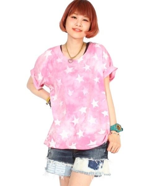 RNA SWEAT(アールエヌエースウェット)の「<予約>オールスタープリントオーバーTシャツ(トップス・レディース・ブルー/ピンク・M)」の2枚目の写真