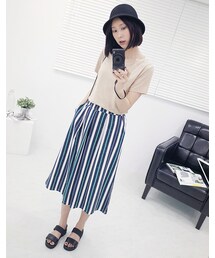 mooncat | 色直紋棉麻寬褲色(パンツ)