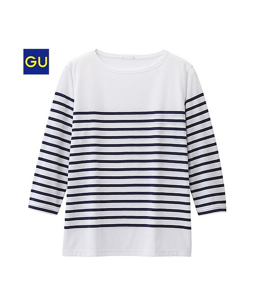 GU（ジーユー）の「（GU）ボーダーボートネックＴ（７分袖）Ｂ（MEN ⁄ カットソー・メンズ・NAVY/WHITE/BLACK/MUSTARD/GRAY/DARK GREEN・M/XL/S/L）」の2枚目の写真