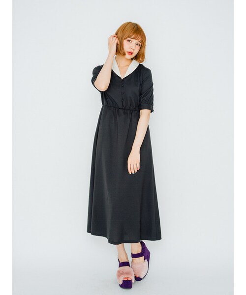 merry jenny（メリージェニー）の「配色ジョーゼットシャツワンピース（ワンピース/ドレス・レディース・オフホワイト/ブラック/ピンク・F）」の4枚目の写真