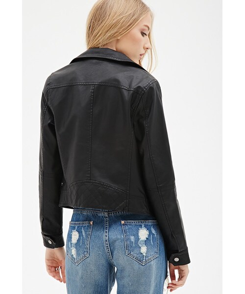 FOREVER 21（フォーエバー トゥエンティーワン）の「FOREVER 21 Zippered Faux Leather Moto Jacket（ライダースジャケット・レディース・Black/Beige・Small/Medium/Large）」の3枚目の写真