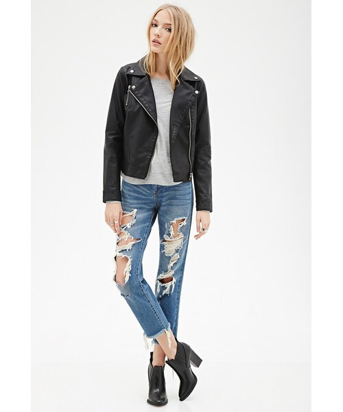 FOREVER 21（フォーエバー トゥエンティーワン）の「FOREVER 21 Zippered Faux Leather Moto Jacket（ライダースジャケット・レディース・Black/Beige・Small/Medium/Large）」の6枚目の写真