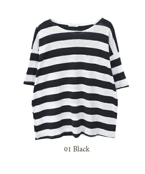 NETSTAR(ネットスター)の「ボーダー柄ワイドニットソー(Tシャツ/カットソー・レディース・ブラック/ネイビー・フリー)」の1枚目の写真