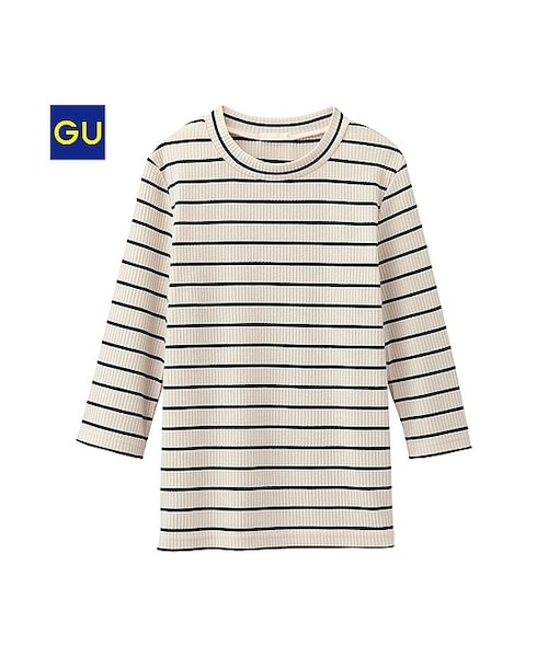GU（ジーユー）の「（GU）クロップドボーダーＴ（５分袖）（WOMEN ⁄ カットソー・レディース・PURPLE/BLACK/NATURAL/GRAY・L/S/M/XL）」の4枚目の写真