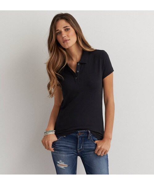 American Eagle(アメリカンイーグル)の「AEOショートスリーブポロ(ポロシャツ・レディース・トゥルーブラック/ライトヘザーグレー/ホワイト/ダスティオリーブ/クラシックネイビー/サマーバーガンディー・XXS/XS/S/M/L/XL/XXL)」の2枚目の写真