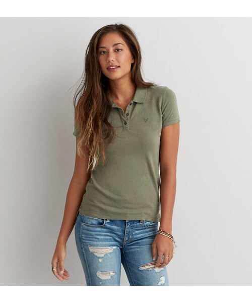 American Eagle(アメリカンイーグル)の「AEOショートスリーブポロ(ポロシャツ・レディース・トゥルーブラック/ライトヘザーグレー/ホワイト/ダスティオリーブ/クラシックネイビー/サマーバーガンディー・XXS/XS/S/M/L/XL/XXL)」の4枚目の写真