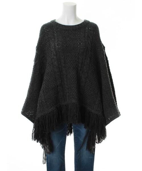 31 Sons de mode（トランテアン　ソン　ドゥ　モード）の「≪秋物ポイント2倍≫フリンジニットポンチョ（トップス・レディース・オフホワイト/チャコールグレー・36）」の2枚目の写真