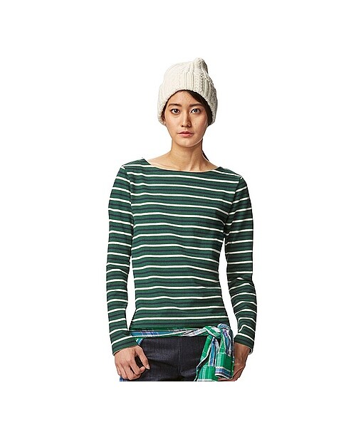 UNIQLO(ユニクロ)の「WOMEN ボーダーボートネックT(長袖)B(Tシャツ/カットソー・レディース・OFF WHITE/PINK/GREEN・S/M/L/XL/XXL/3XL)」の2枚目の写真