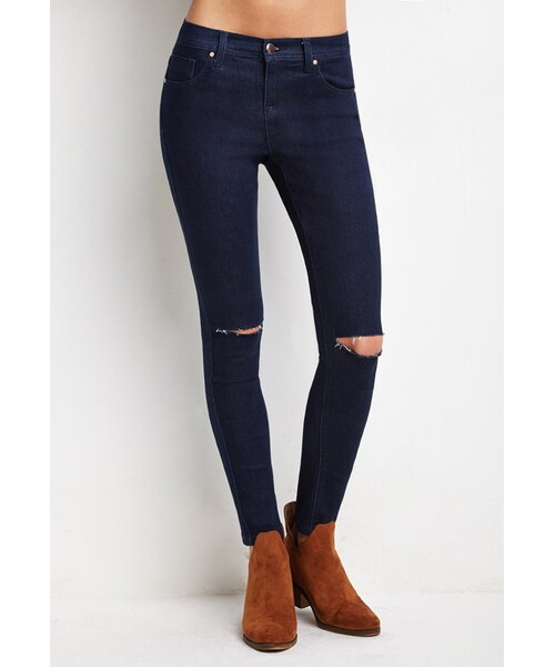 FOREVER 21（フォーエバー トゥエンティーワン）の「FOREVER 21 Raw-Cut Knee Skinny Jeans（デニムパンツ・レディース・Blue・24/25/26/27/28/29/30/31）」の5枚目の写真