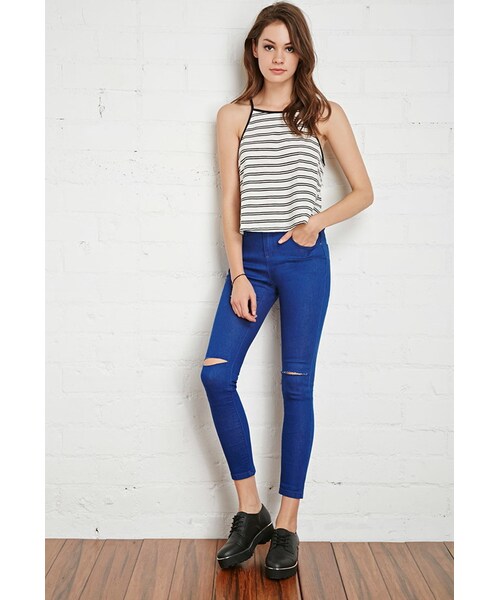 FOREVER 21（フォーエバー トゥエンティーワン）の「FOREVER 21 Raw-Cut Knee Skinny Jeans（デニムパンツ・レディース・Blue・24/25/26/27/28/29/30/31）」の4枚目の写真