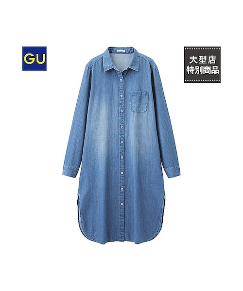 GU（ジーユー）の「（GU）デニムワンピース（スリット・長袖）（WOMEN ⁄ ワンピース・レディース・NAVY/BLUE・L/S/M）」の2枚目の写真