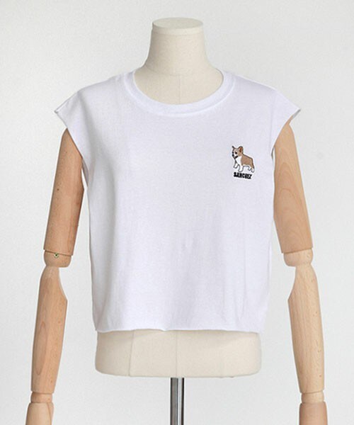 DHOLIC（ディーホリック）の「コーギー刺繍ノースリーブクロップドトップス（Tシャツ/カットソー・レディース・ピンク/ホワイト/ディープスカイブルー・FREE）」の2枚目の写真