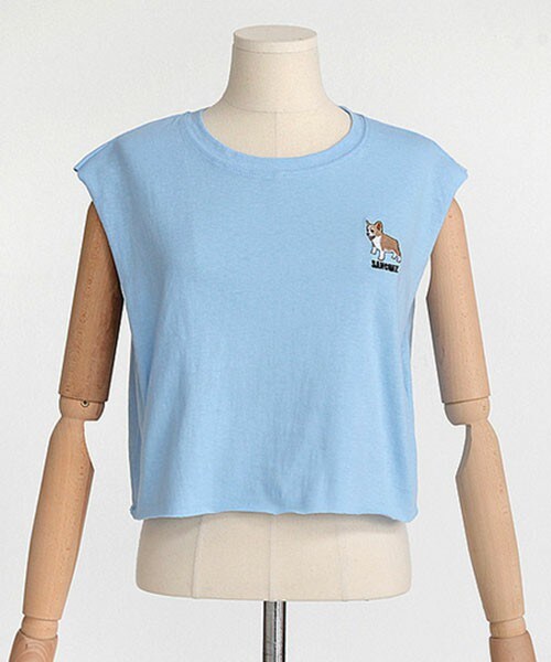 DHOLIC（ディーホリック）の「コーギー刺繍ノースリーブクロップドトップス（Tシャツ/カットソー・レディース・ピンク/ホワイト/ディープスカイブルー・FREE）」の3枚目の写真