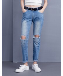 mooncat | 刷破直筒牛仔褲色(パンツ)