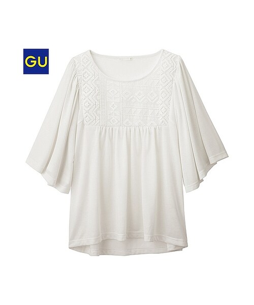 GU(ジーユー)の「(GU)レースコンビT(5分袖)(WOMEN ⁄ カットソー・レディース・OFF WHITE/OLIVE/PINK/NAVY・XL/L/M/S)」の1枚目の写真