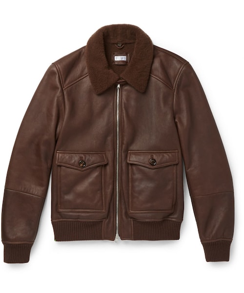 BRUNELLO CUCINELLI(ブルネロクチネリ)の「Brunello Cucinelli Shearling-Lined Leather Bomber Jacket(ライダースジャケット・メンズ・Brown・L/XXL)」の1枚目の写真