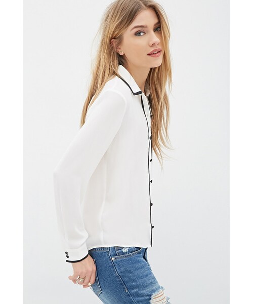 FOREVER 21(フォーエバー トゥエンティーワン)の「FOREVER 21 Contrast-Piped Chiffon Blouse(シャツ/ブラウス・レディース・White・Large)」の5枚目の写真