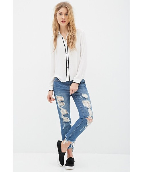 FOREVER 21(フォーエバー トゥエンティーワン)の「FOREVER 21 Contrast-Piped Chiffon Blouse(シャツ/ブラウス・レディース・White・Large)」の6枚目の写真