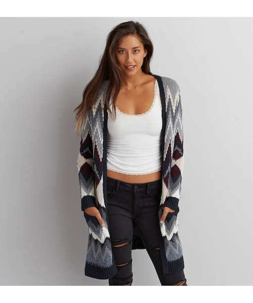 American Eagle(アメリカンイーグル)の「AEOパターンニットオープンカーディガン(カーディガン/ボレロ・レディース・グレー・XXS/XS/S/M/L/XL)」の1枚目の写真