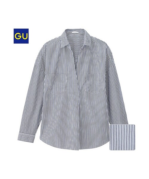 GU（ジーユー）の「（GU）ボーイフレンドプルオーバー（長袖）（WOMEN ⁄ シャツ・ブラウス・レディース・OFF WHITE/NAVY・L/S/M）」の2枚目の写真