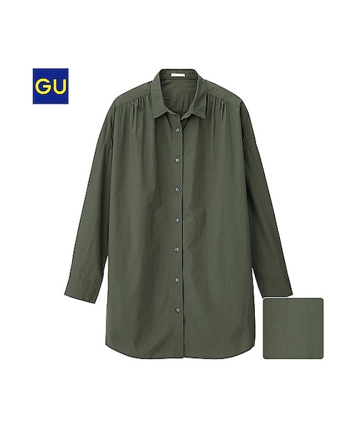 GU（ジーユー）の「（GU）ボーイフレンドシャツチュニック（長袖）（WOMEN ⁄ チュニック・レディース・OFF WHITE/DARK GREEN・L/M/S）」の2枚目の写真