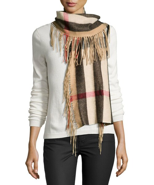 burberry wool check scarf with fringe