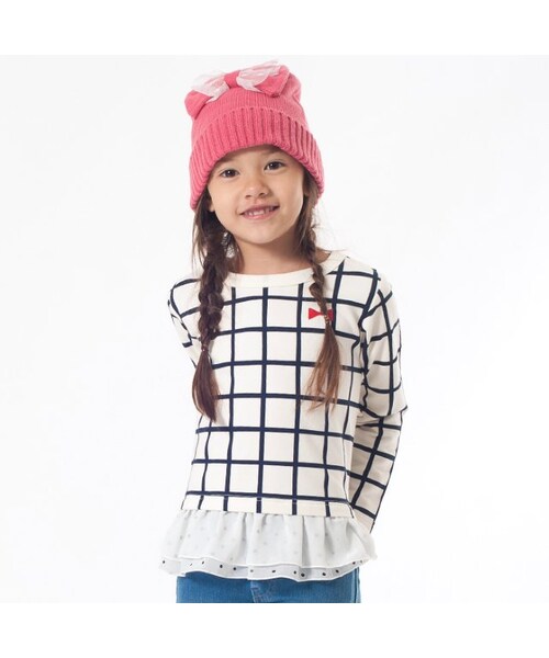 abcd(ナシ)の「裾フリル格子柄Tシャツ(トップス・キッズ・ネイビーブルー/オフホワイト・80/90/95/100/110/120/130/140)」の2枚目の写真