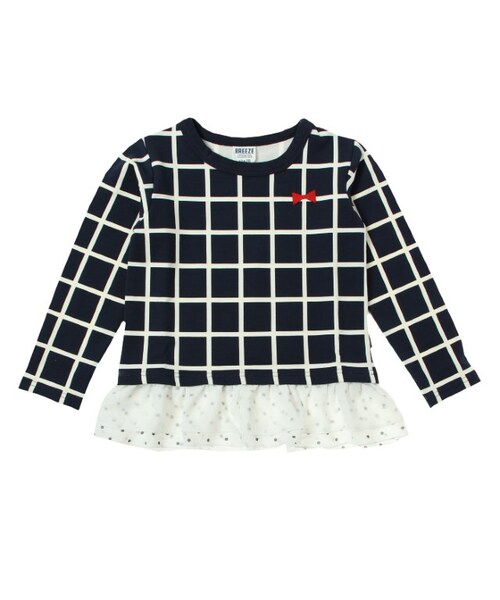 abcd(ナシ)の「裾フリル格子柄Tシャツ(トップス・キッズ・ネイビーブルー/オフホワイト・80/90/95/100/110/120/130/140)」の1枚目の写真