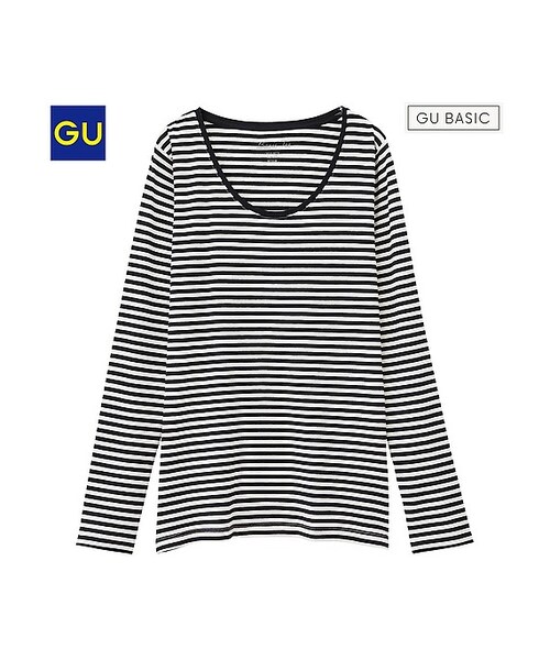 GU（ジーユー）の「（GU）ボーダークルーネックＴ（長袖）Ｂ（WOMEN ⁄ カットソー・レディース・DARK GRAY/PINK/GREEN/OFF WHITE・XXL/XS/L/XL/S/M）」の2枚目の写真