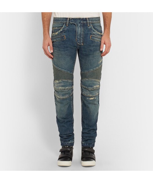 BALMAIN(バルマン)の「Balmain Slim-Fit Distressed Stretch-Denim Biker Jeans(デニムパンツ・メンズ・Blue・30/31/32/33/34)」の3枚目の写真