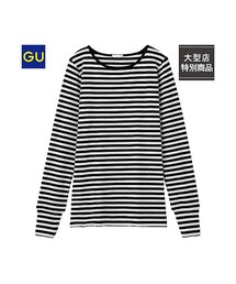 GU | （GU）リブクルーネックＴ（ボーダー・長袖）(トップス)